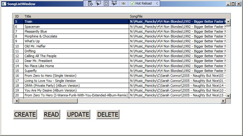 List of songs – a song has been selected